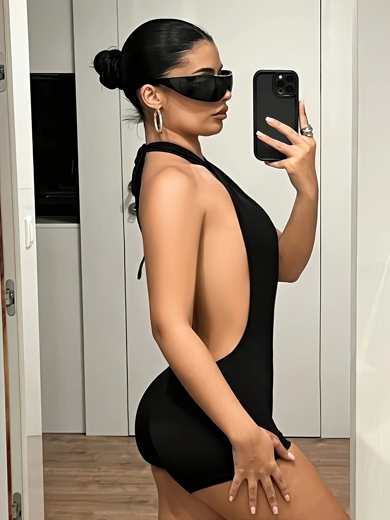 Sexy Black Halter Neck Backless Romper with Deep V Cut-Out Design - Women’s Stretchy One-Piece Swimsuit for Beach & Party Wear, Bathing Suit